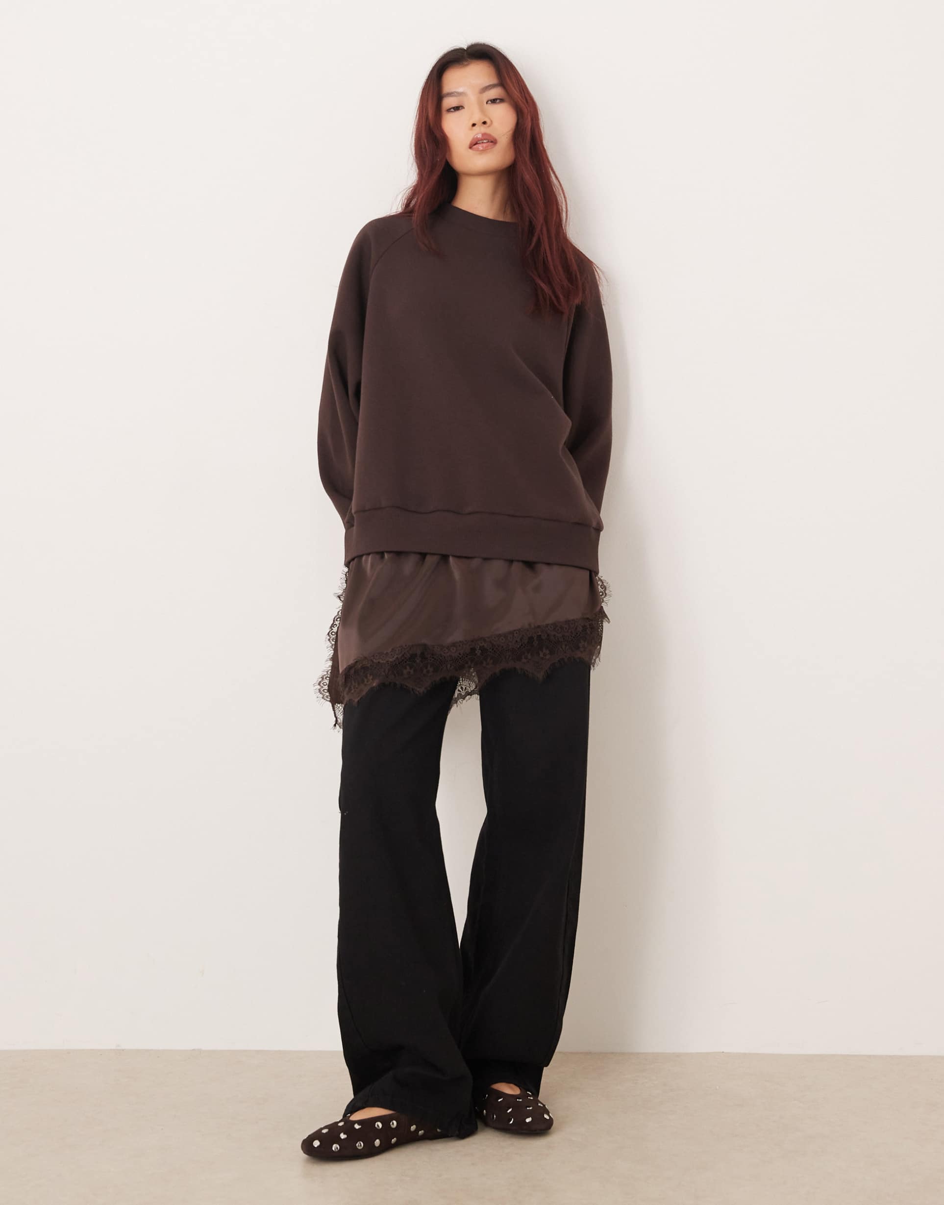 asos design oversized sweatshirt with peek-a-boo satin and lace mix cami in chocolate