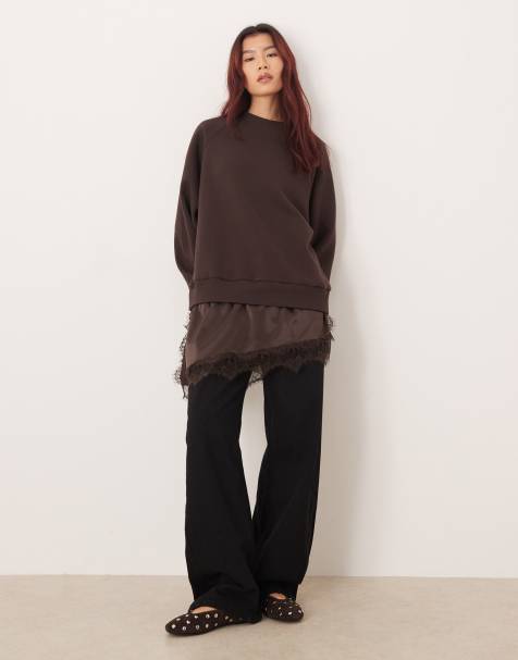 ASOS DESIGN oversized sweatshirt with peek a boo satin and lace mix cami in chocolate