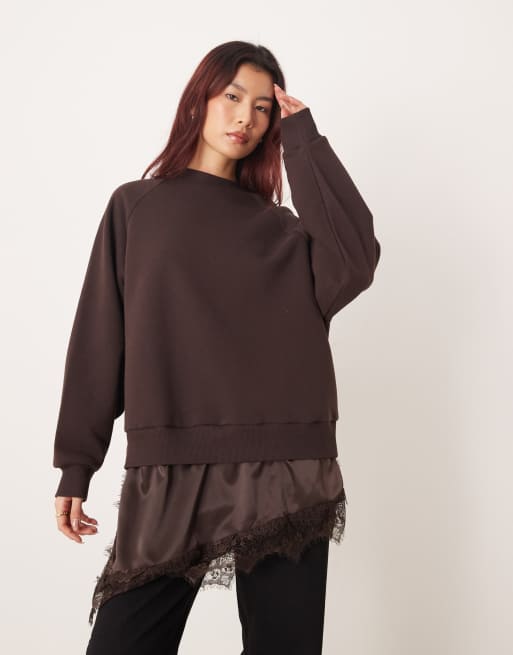 ASOS DESIGN oversized sweatshirt with peek-a-boo satin and lace mix cami in chocolate