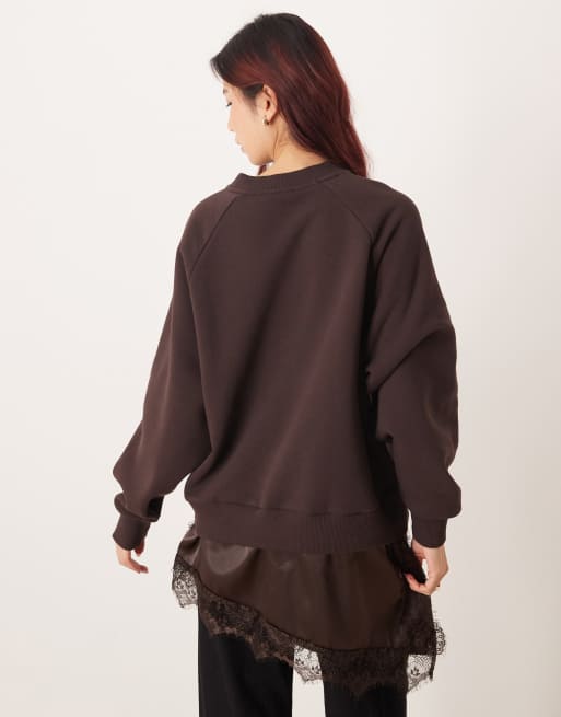 ASOS DESIGN oversized sweatshirt with peek-a-boo satin and lace mix cami in chocolate