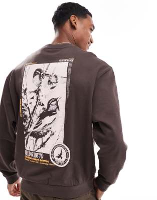 Asos Design Oversized Sweatshirt With Photographic Back Bird Print In Brown