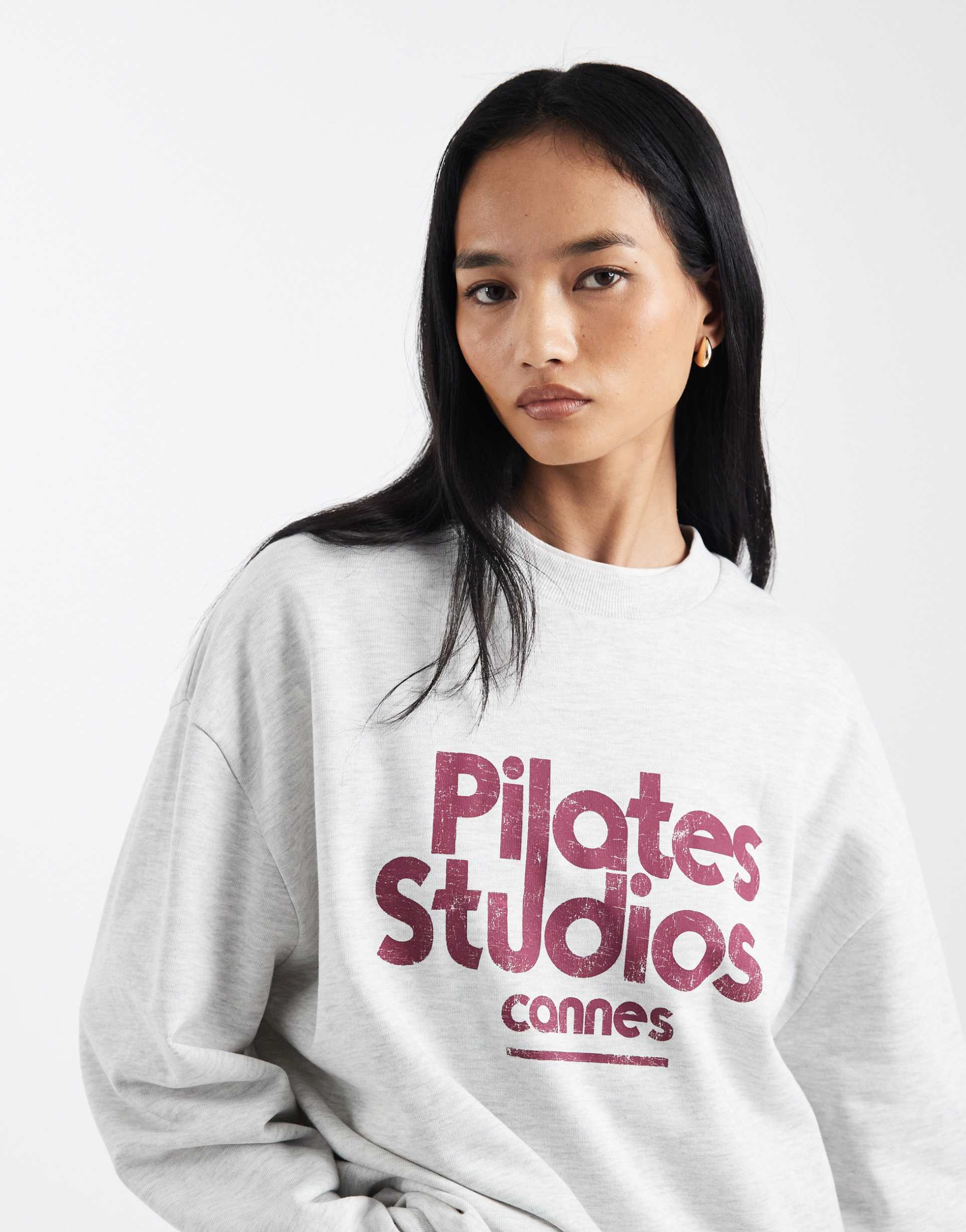 asos design oversized sweatshirt with pilates studio graphic in ice heather