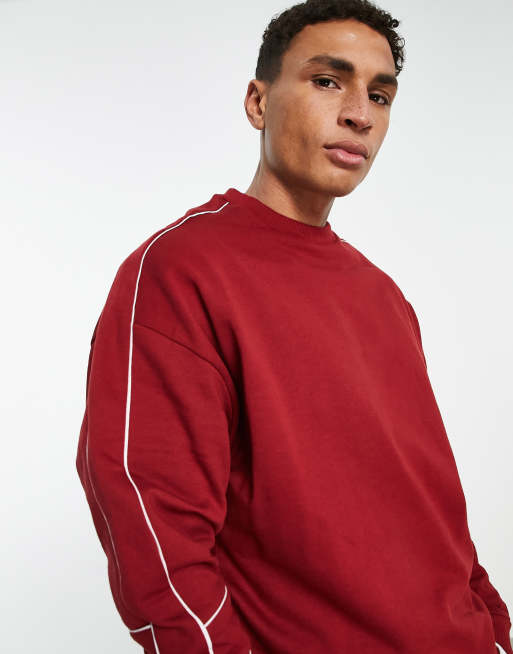 ASOS DESIGN oversized sweatshirt with piping in burgundy - part of a set