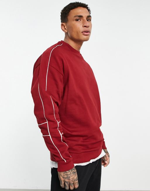 ASOS DESIGN oversized sweatshirt with piping in burgundy - part of a set