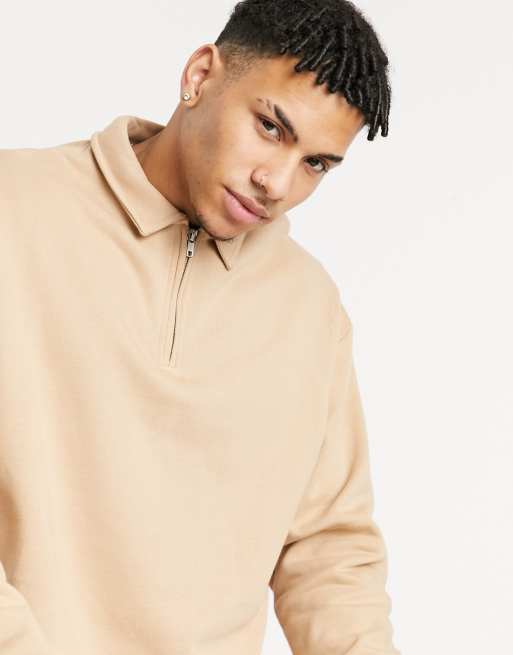 ASOS DESIGN oversized sweatshirt with polo collar in beige