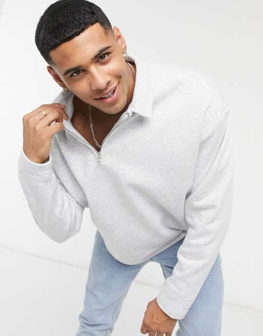 ASOS DESIGN oversized sweatshirt with polo collar in white heather