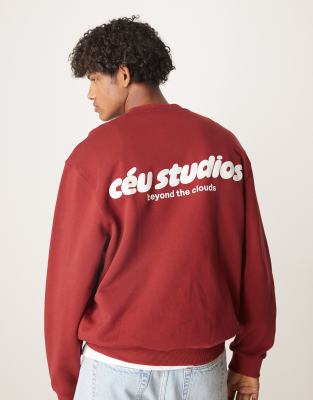 Asos Design Oversized Sweatshirt With Print In Burgundy-red