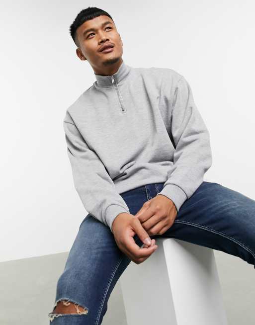 ASOS DESIGN oversized sweatshirt with quarter zip in grey marl, 3 of 4