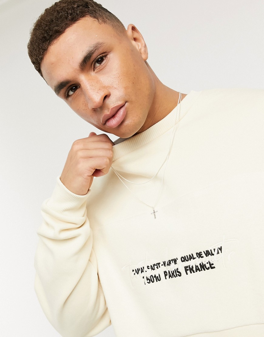 ASOS DESIGN oversized sweatshirt with reverse fleece printed panel in off white-Neutral