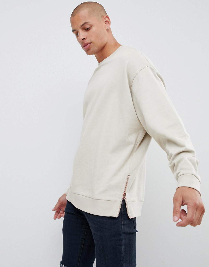 ASOS DESIGN oversized sweatshirt with rose gold side zips-Beige