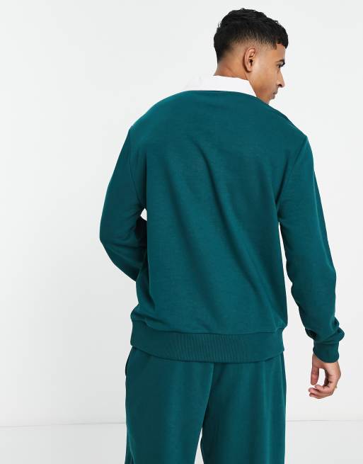ASOS DESIGN oversized sweatshirt with rugby polo neck in green - part of a set, 2 of 4