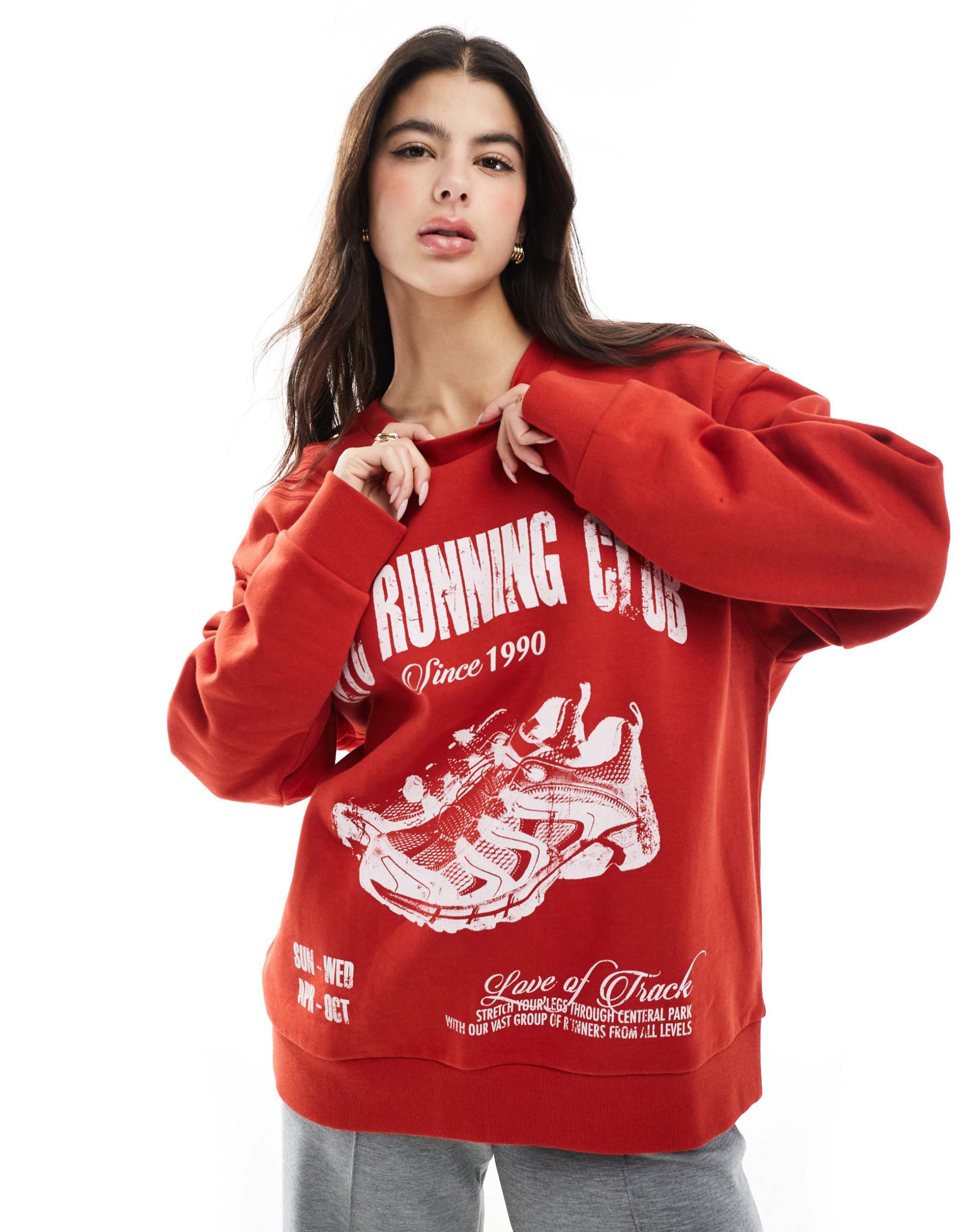asos design oversized sweatshirt with running club graphic in red