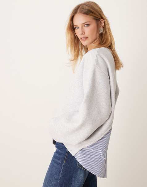 ASOS DESIGN oversized sweatshirt with shirt detail in ice marl - view 1