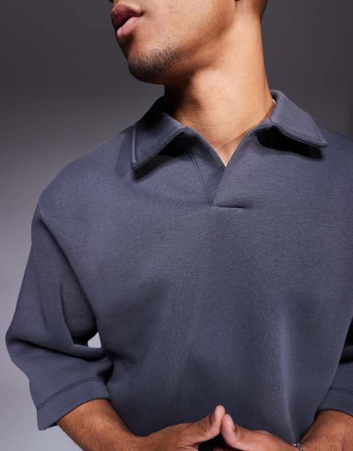 ASOS DESIGN oversized sweatshirt with short sleeves and rugby collar in charcoal