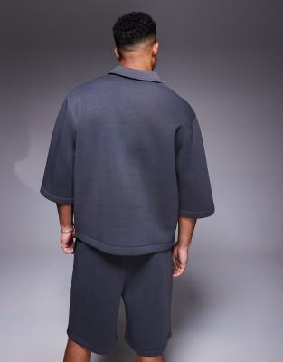 ASOS DESIGN oversized sweatshirt with short sleeves and rugby collar in charcoal