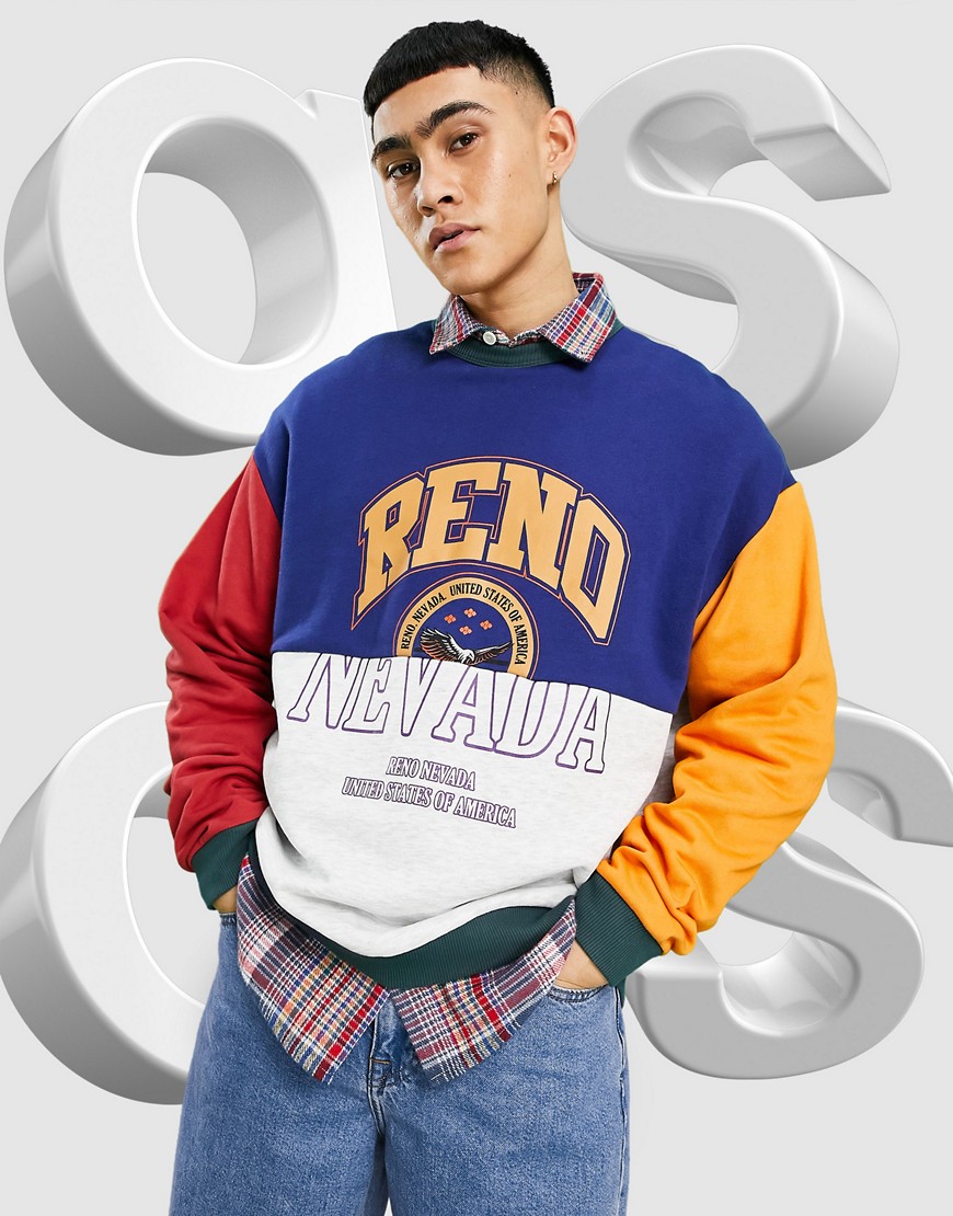 ASOS DESIGN oversized sweatshirt with spliced collegiate print & color blocking-Multi