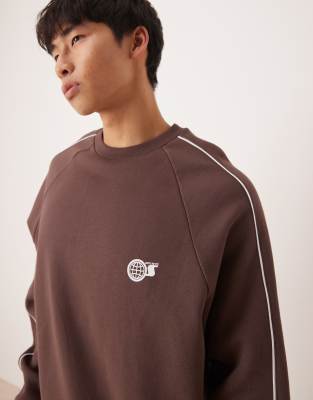 Asos Design Oversized Sweatshirt With Sporty Print In Brown
