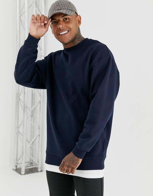 ASOS DESIGN oversized sweatshirt with t shirt hem in navy