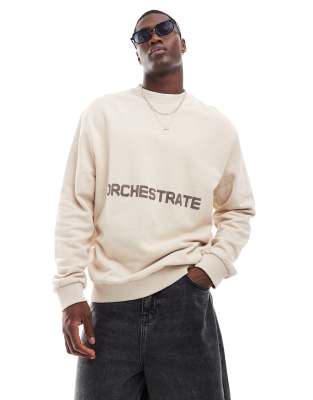 Asos Design Oversized Sweatshirt With Text Print In Washed Beige-neutral