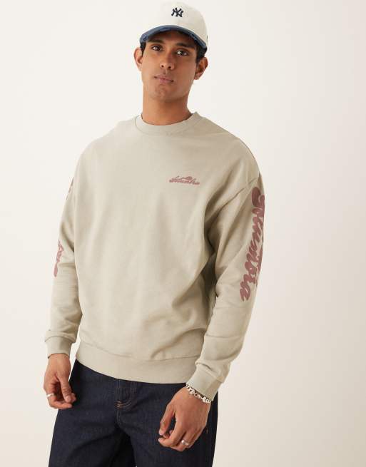 ASOS DESIGN oversized sweatshirt with text sleeve prints in stone