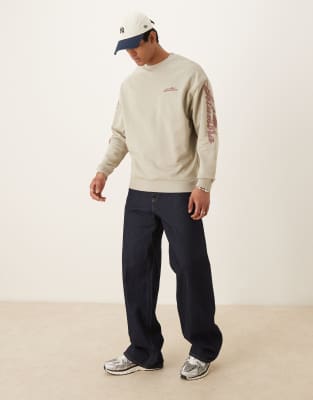 Asos Design Oversized Sweatshirt With Text Sleeve Prints In Neutral