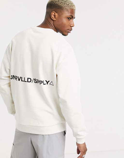 ASOS DESIGN oversized sweatshirt with unrvlld/supply back print in white