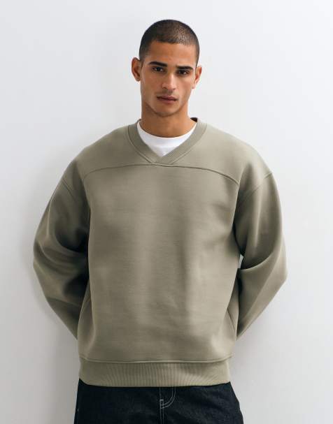 ASOS DESIGN oversized sweatshirt with v neck crew and additional seams in khaki scuba-style fabric - view 1