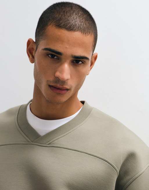 ASOS DESIGN oversized sweatshirt with v neck crew and additional seams in khaki scuba-style fabric, 3 of 5