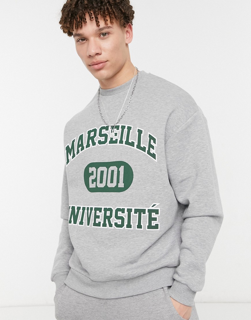 ASOS DESIGN oversized sweatshirt with vintage collegiate text print-Grey
