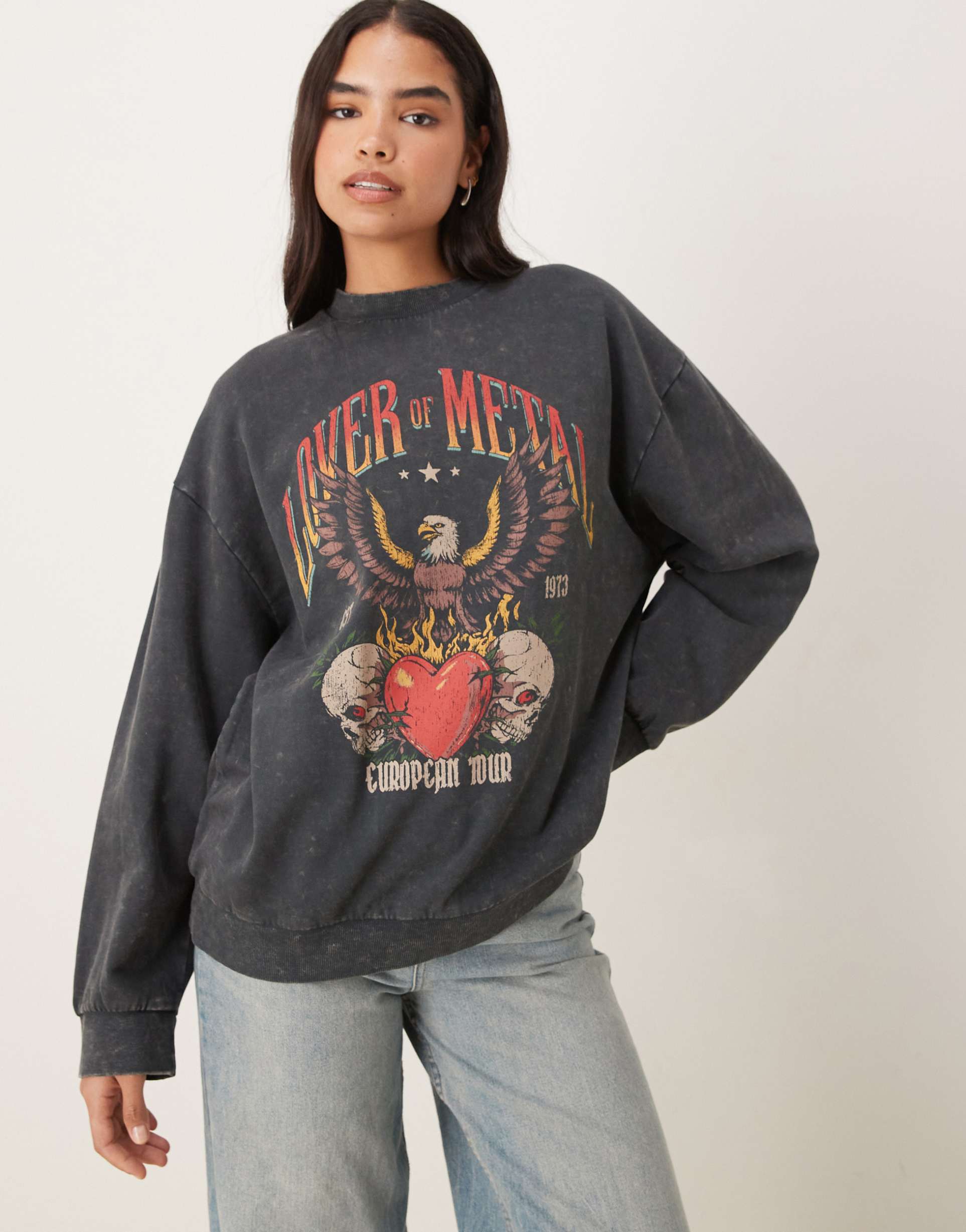 asos design oversized sweatshirt with vintage rock eagle graphic in washed charcoal