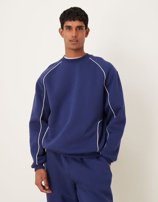 ASOS DESIGN oversized sweatshirt with white piping in blue