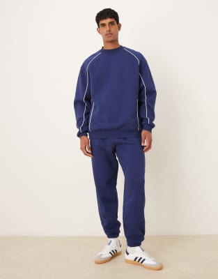 Asos Design Oversized Sweatshirt With White Piping In Blue