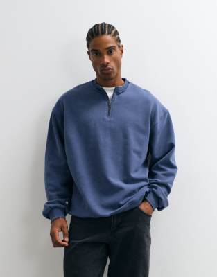 Asos Design Oversized Sweatshirt With Zip Neck, Wash And Raw Edge Detail In Navy