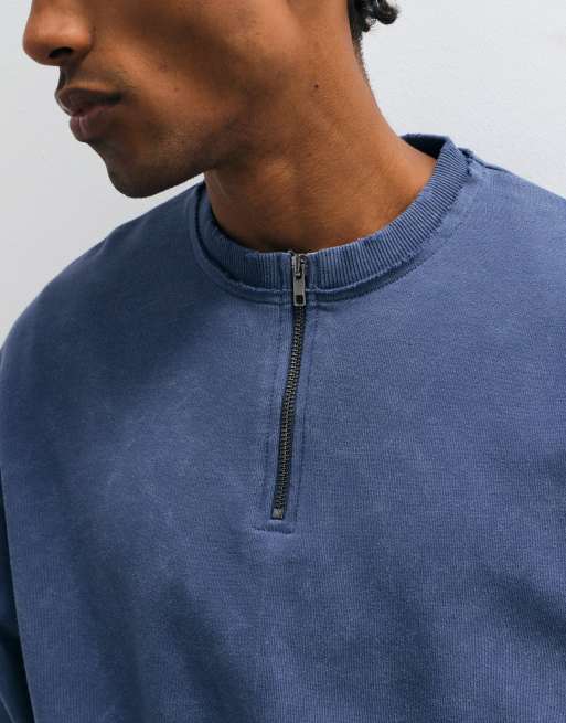 ASOS DESIGN oversized sweatshirt with zip neck, wash and raw edge detail in navy, 5 of 5