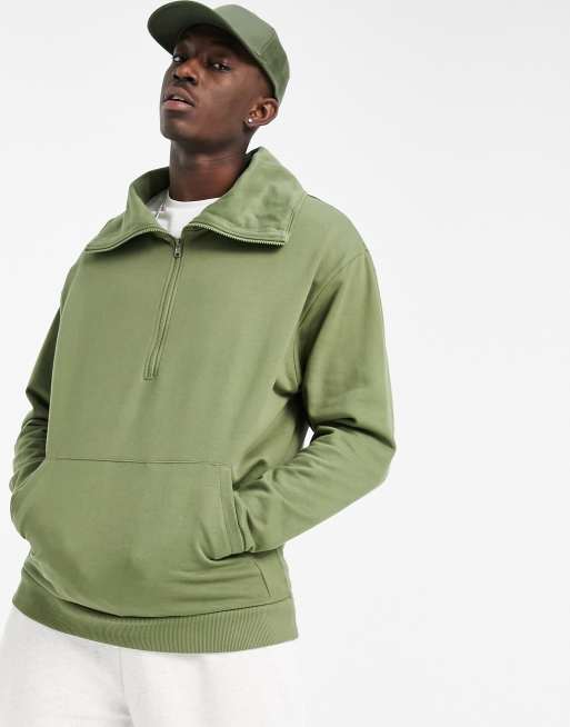 ASOS DESIGN oversized sweatshirt with zip up rolled neck in khaki - MGREEN