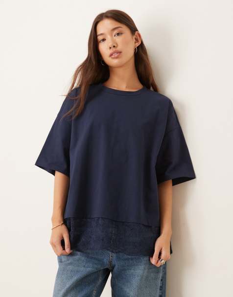 ASOS DESIGN - Oversized T-shirt afgewerkt met kant in marineblauw - view 1