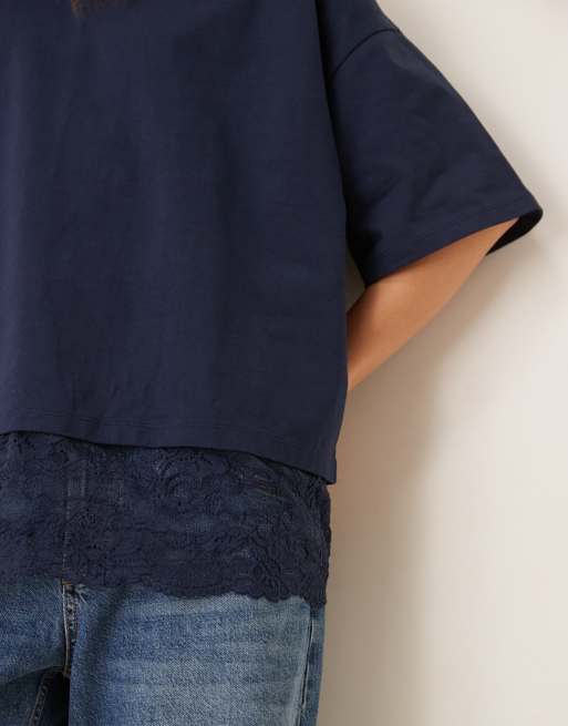 ASOS DESIGN - Oversized T-shirt afgewerkt met kant in marineblauw, 4 van 4