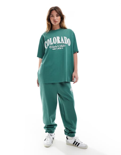 ASOS DESIGN oversized t-shirt and trackies with Colorado graphic in green