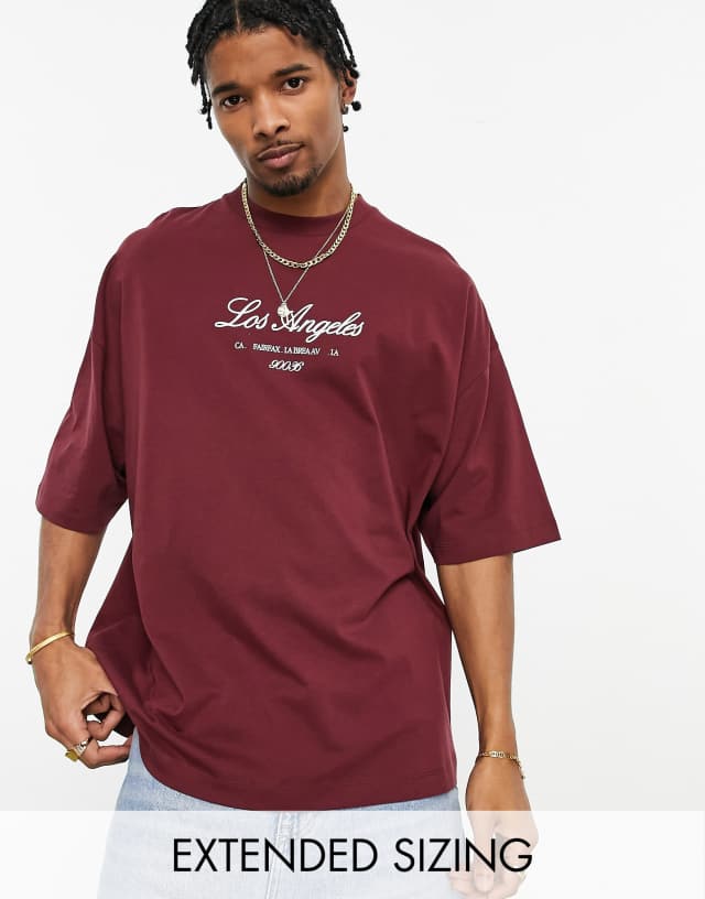 ASOS DESIGN oversized T-shirt burgundy with Los Angeles chest print