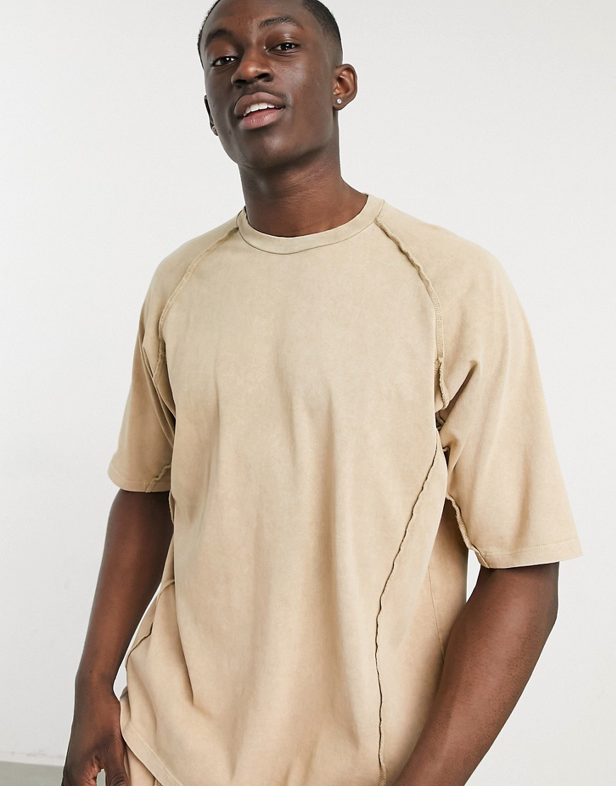 ASOS DESIGN oversized t-shirt co-ord with half sleeve in beige heavyweight acid wash-Brown
