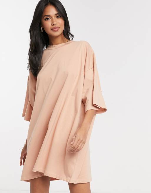 beige t shirt dress Round Neck Lace Joined T-Shirt Maxi blind hem stitching at the sleeves and hem ASOS DESIGN oversized t-shirt dress