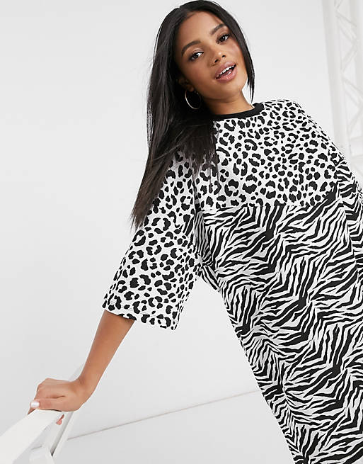 ASOS DESIGN oversized t-shirt dress in black and white mix animal print |  ASOS