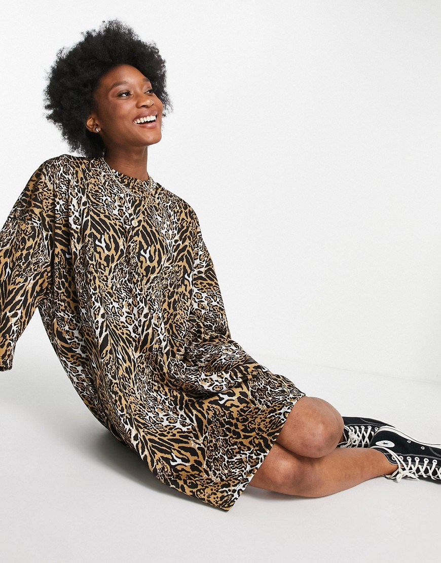 ASOS DESIGN oversized T-shirt dress in brown textured leopard print
