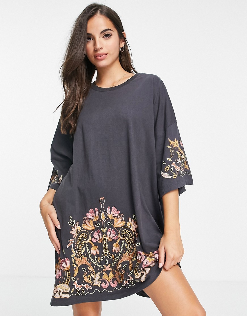 ASOS DESIGN oversized t-shirt dress in charcoal gray with gold floral cutwork embroidery-Grey