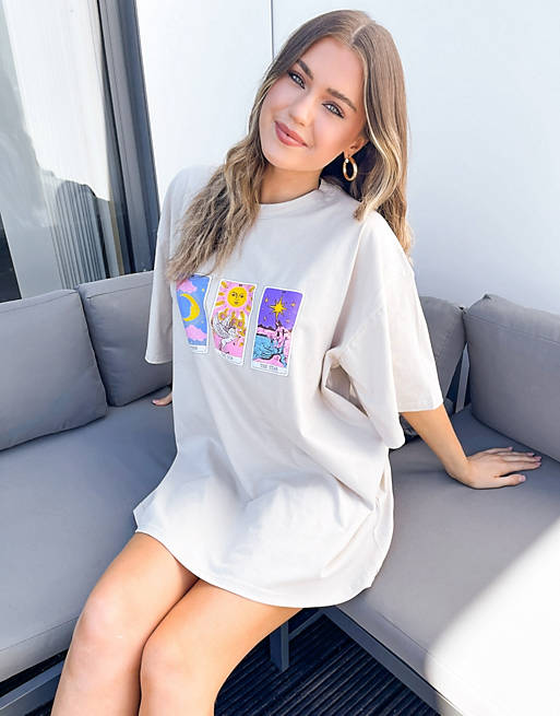 ASOS DESIGN oversized t-shirt dress in cream with tarot print