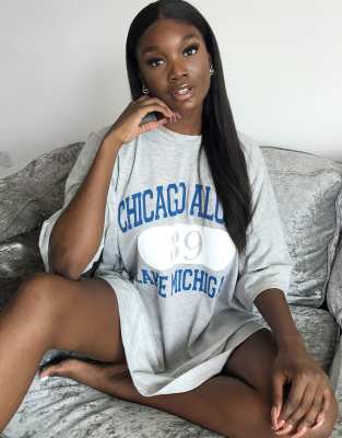 Asos Design Oversized T-shirt Dress In Gray With Chicago Print