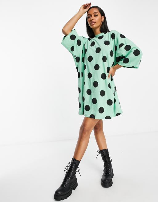 ASOS DESIGN oversized t shirt dress in large green and black polkadot