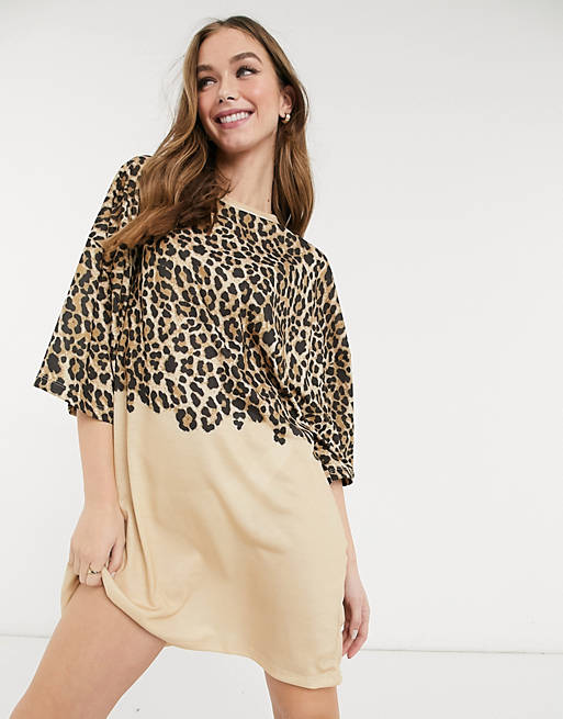 Dresses oversized t-shirt dress in tonal half and half leopard print 