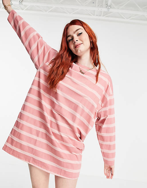 Women oversized t-shirt dress in tonal pink stripe 