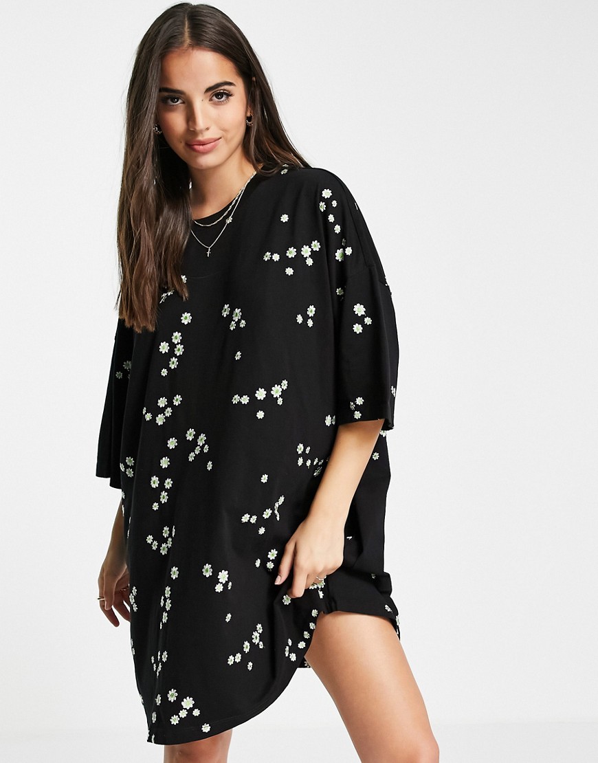 ASOS DESIGN oversized t-shirt dress with all over green ditsy embroidery in black